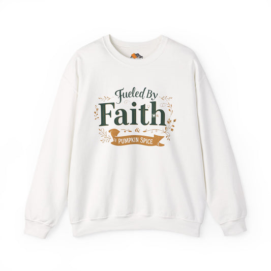 White “Fueled by Faith & Pumpkin Spice” crewneck sweatshirt — bold Christian fall apparel with festive green and gold lettering.