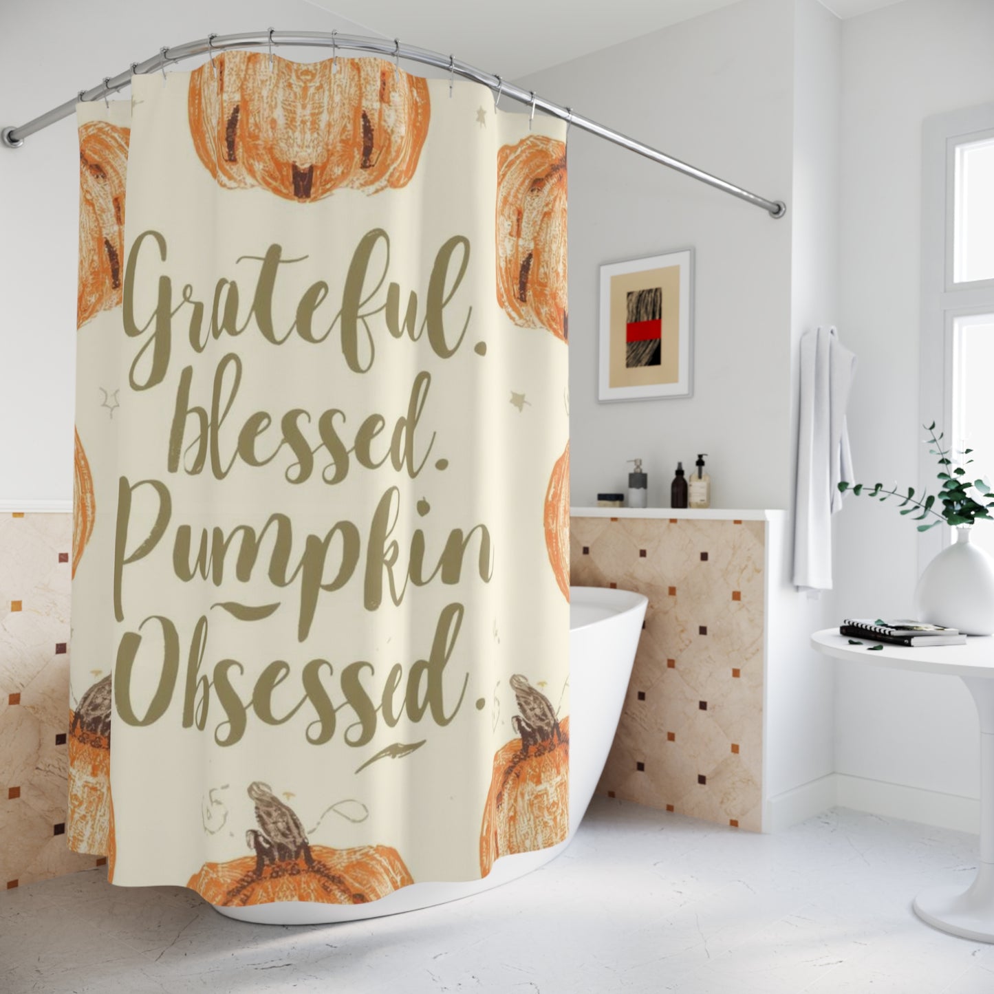“Grateful, Blessed & Pumpkin Obsessed” pumpkin-themed shower curtain displayed near bathtub — warm autumn home decor for cozy seasonal bathrooms.