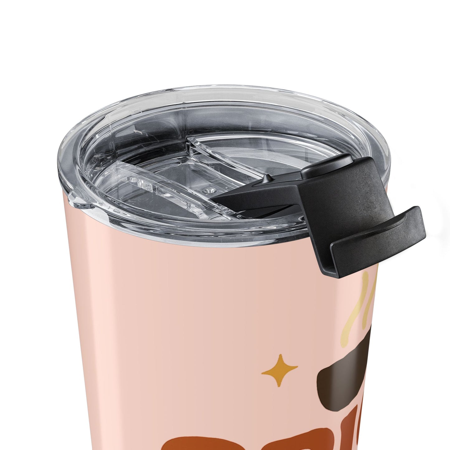 Close-up of pale pink “Spice Girl Energy” tumbler lid — clear slide-top design for spill-resistant sipping on the go.