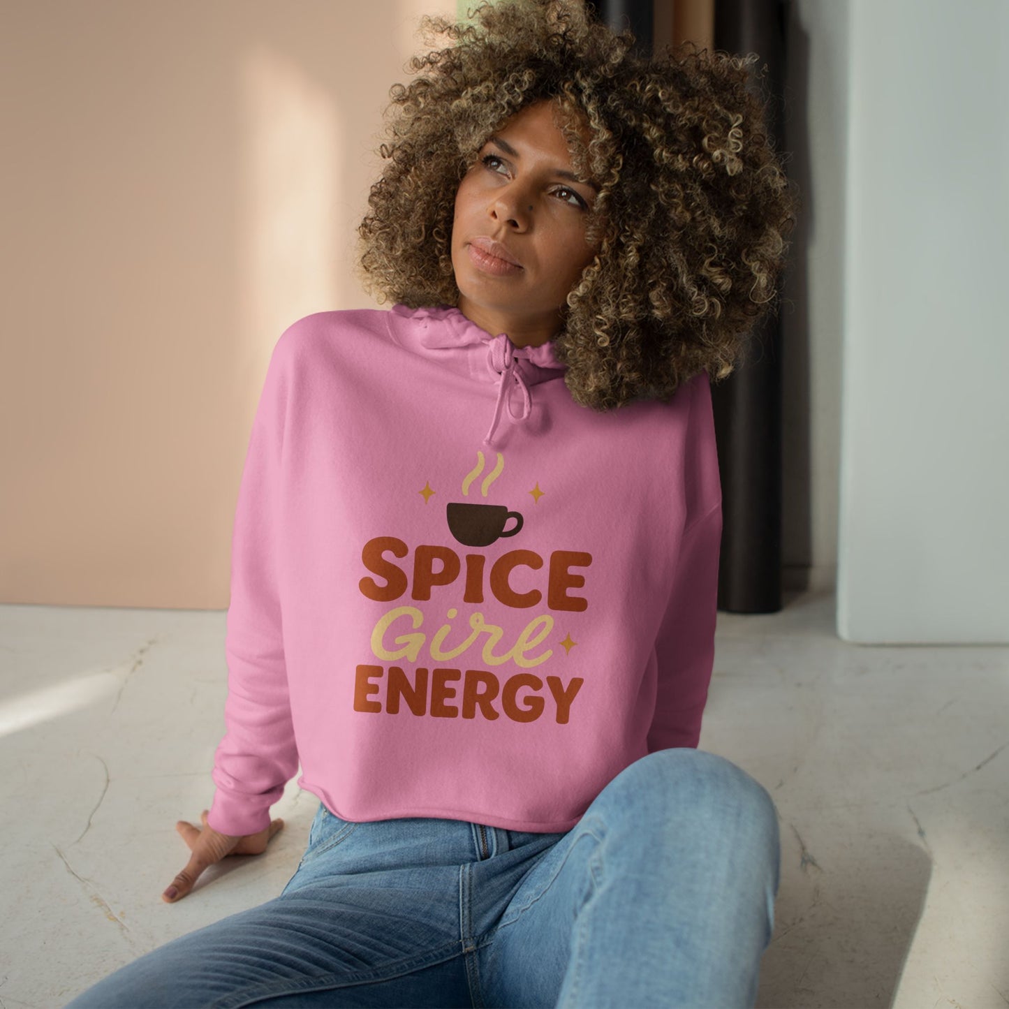 Mauve pink “Spice Girl Energy” cropped hoodie — cute fall hoodie with pumpkin spice lettering and coffee cup design, cozy feminine autumn outfit.