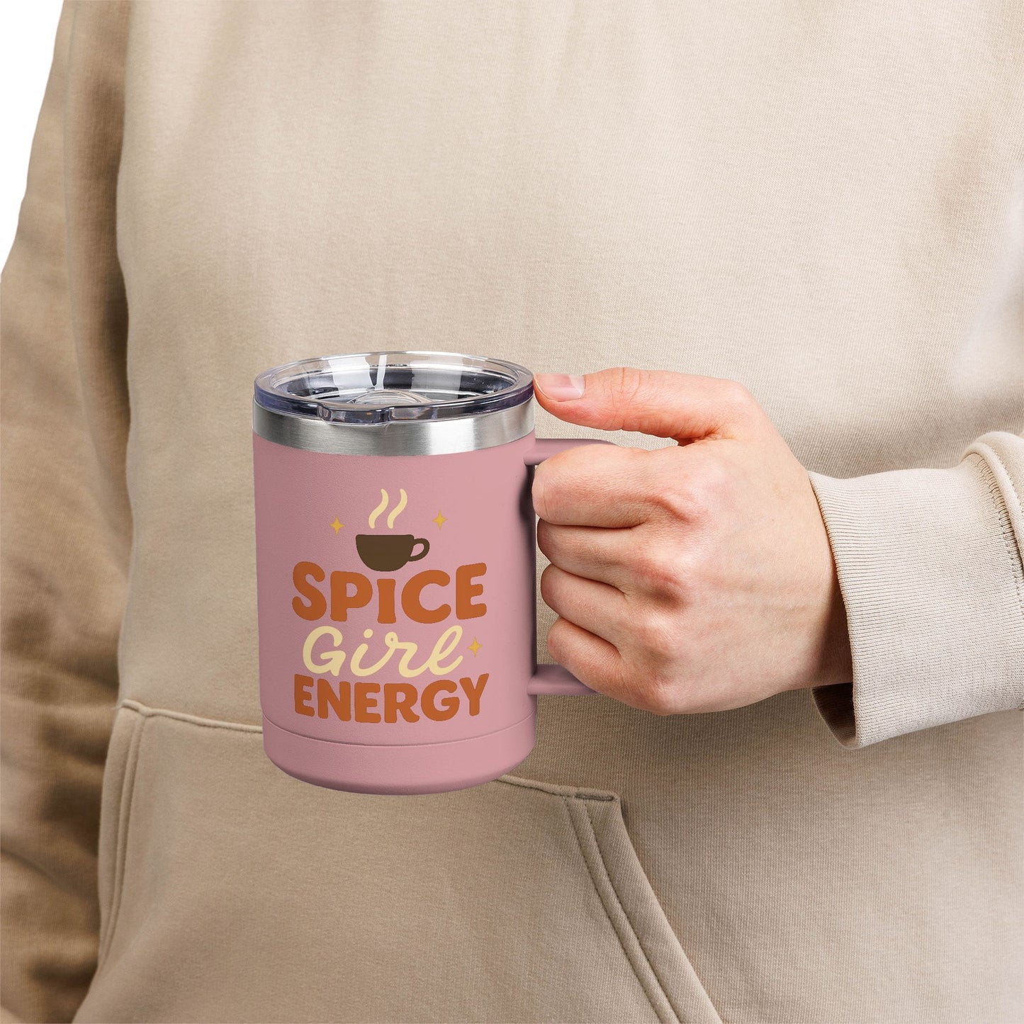 Person holding pink “Spice Girl Energy” insulated mug — cozy fall coffee mug for everyday use, perfect for latte or tea lovers.