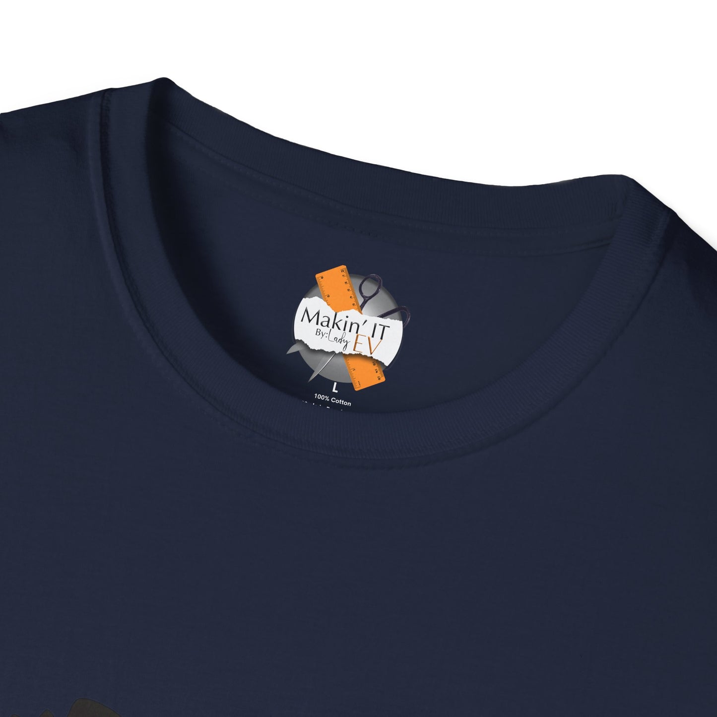 Navy blue Halloween ghost coffee t-shirt showing custom Makin’ It By Lady Ev neck tag label.