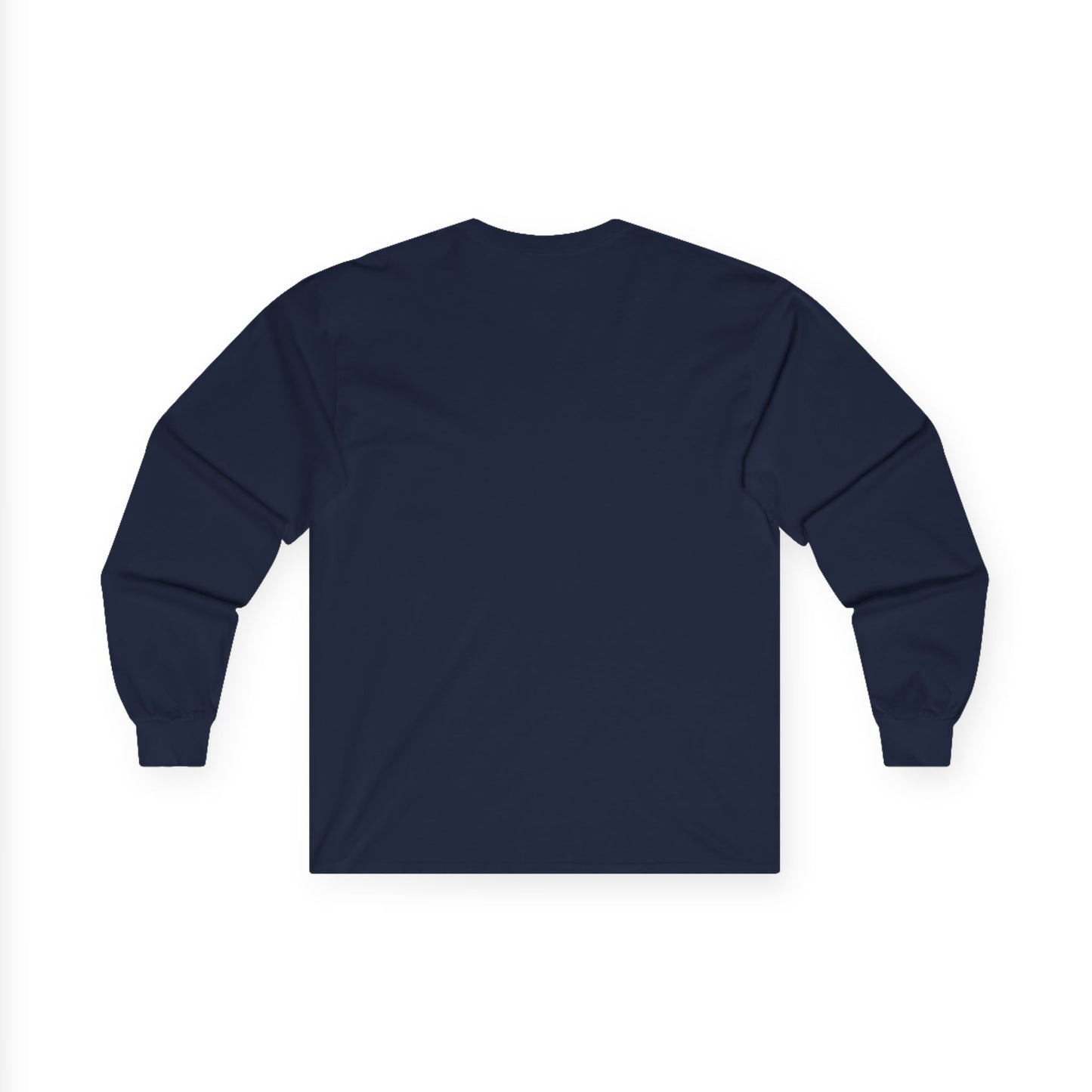 Back view of navy Gildan 2400 long sleeve unisex t-shirt with cuffed sleeves, solid color design, perfect for custom printing and everyday wear.