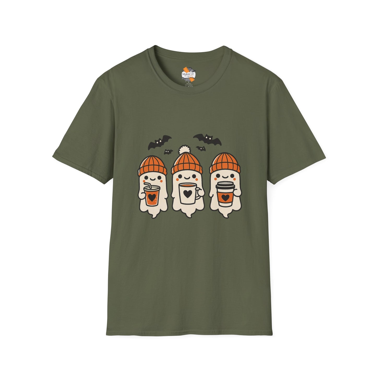Olive green t-shirt with adorable Halloween ghosts in orange beanies holding coffee cups and bats overhead