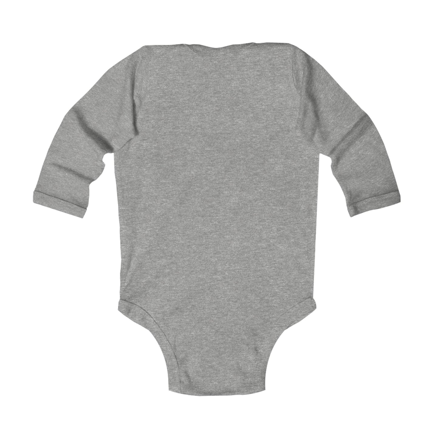 Blank gray baby onesie with long sleeves, soft cotton fabric, back view for printing or casual baby wear.