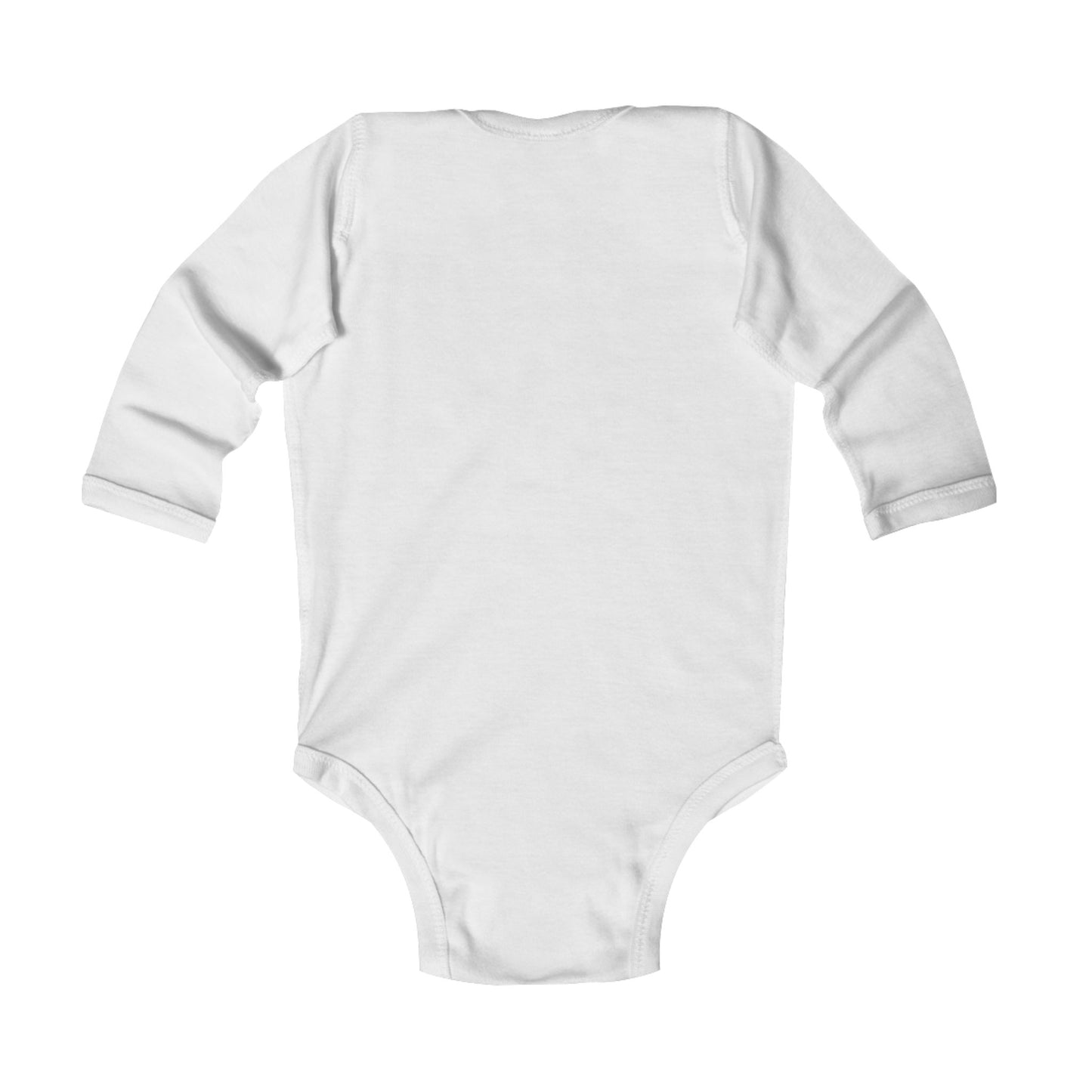 Plain white long sleeve baby onesie bodysuit, blank back view for custom Halloween or everyday wear.
