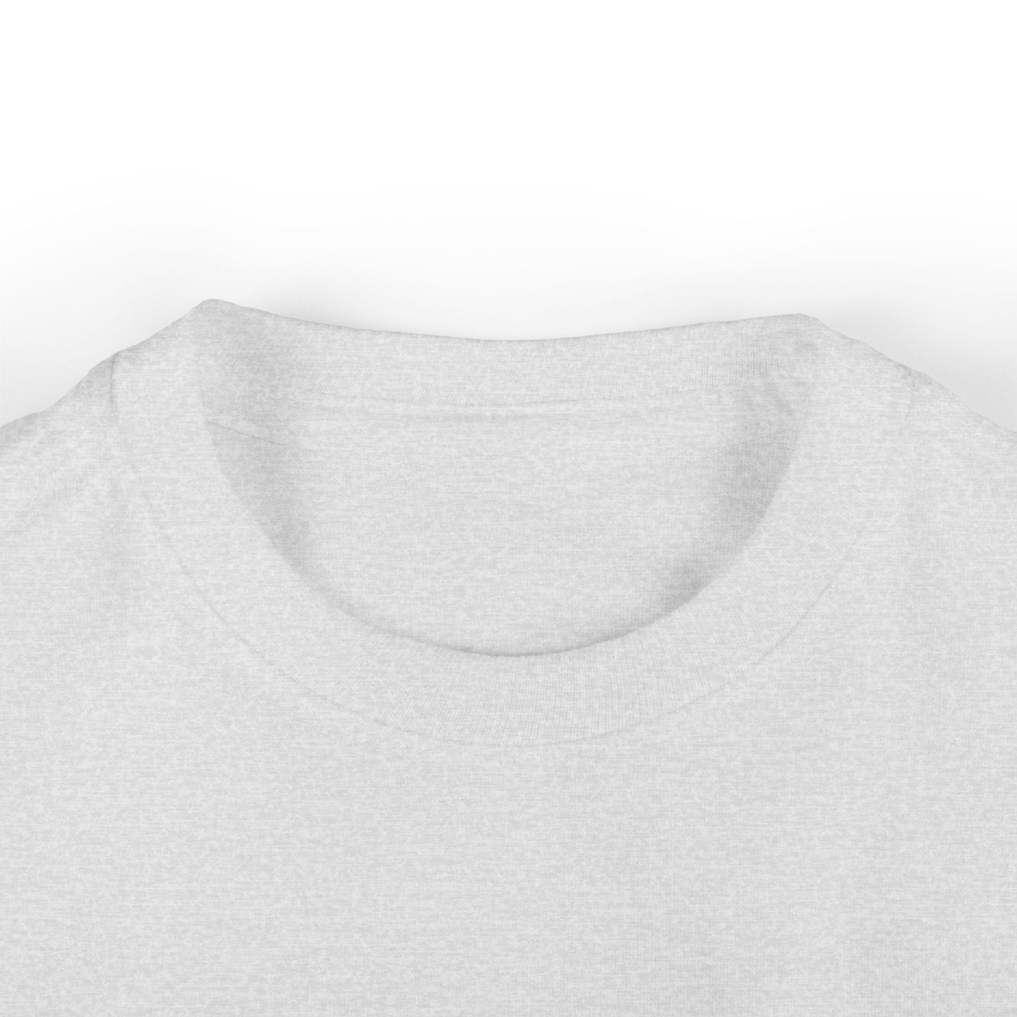 Close up neckline of toddler athletic heather grey blank t-shirt for custom printing