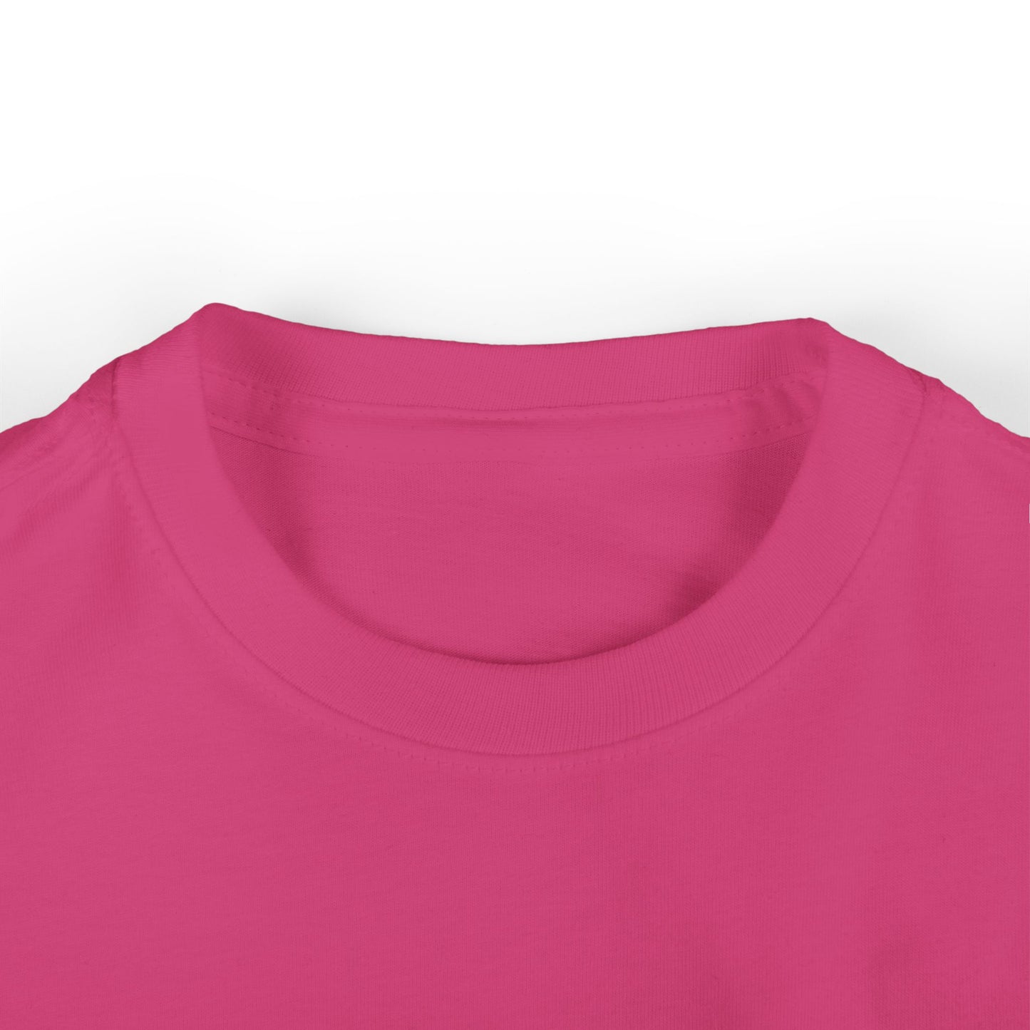 Close up of toddler girls’ hot pink t-shirt neckline, soft cotton crewneck detail
