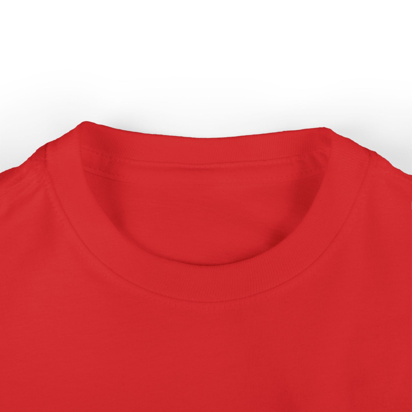 Close up of toddler girls’ red t-shirt neckline, crewneck cotton collar