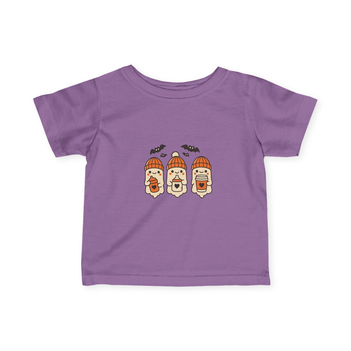 Purple toddler Halloween shirt featuring three kawaii ghosts in orange knit hats holding sippy cups, with bats overhead.