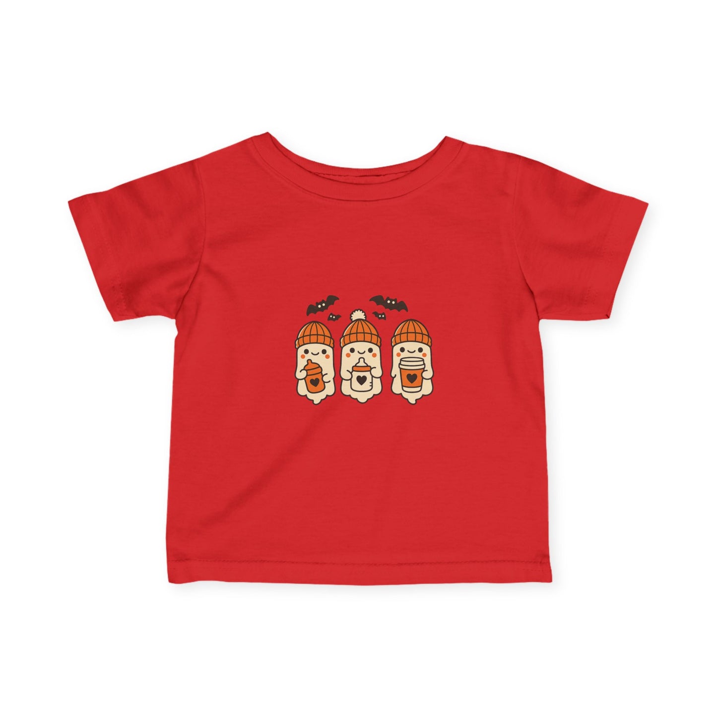 Red toddler Halloween t-shirt featuring playful ghost design with orange beanies, drinks, and flying bats.