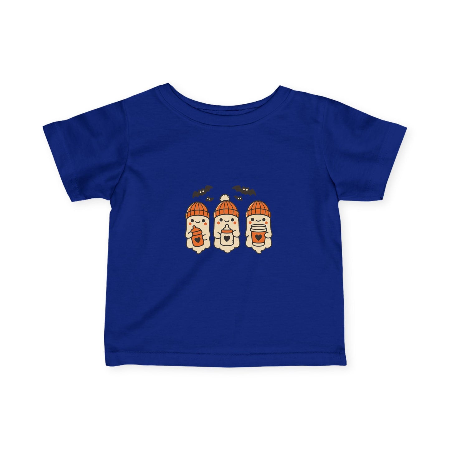 Royal blue toddler Halloween t-shirt with three cute ghost characters wearing orange beanies, holding drinks, with flying bats design.