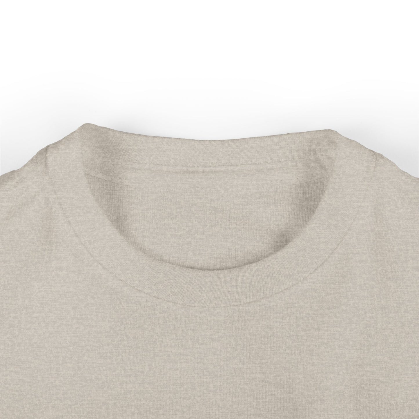Close up neckline of toddler oatmeal heather blank t-shirt for custom printing