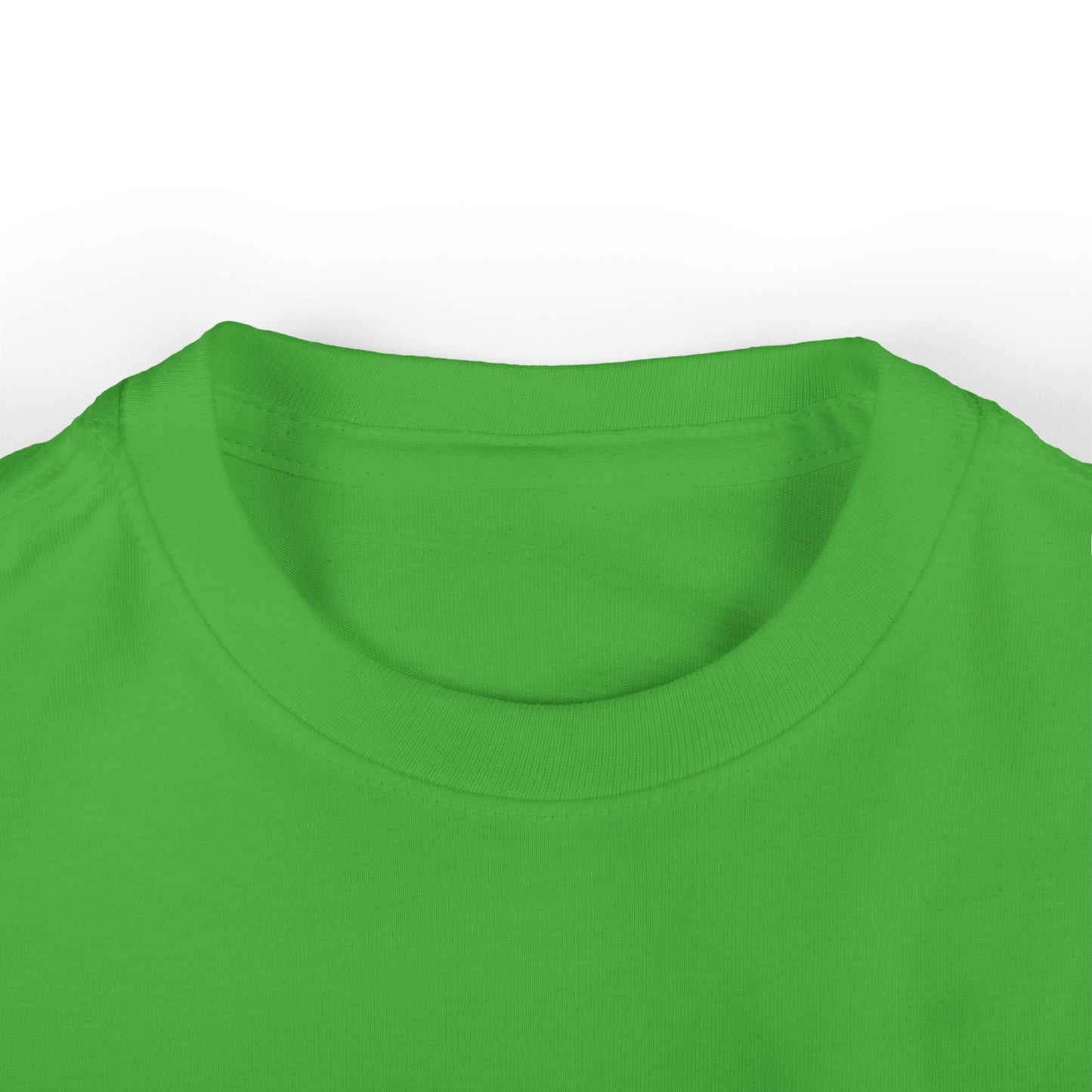 Neckline close-up of toddler short sleeve t-shirt in bright green