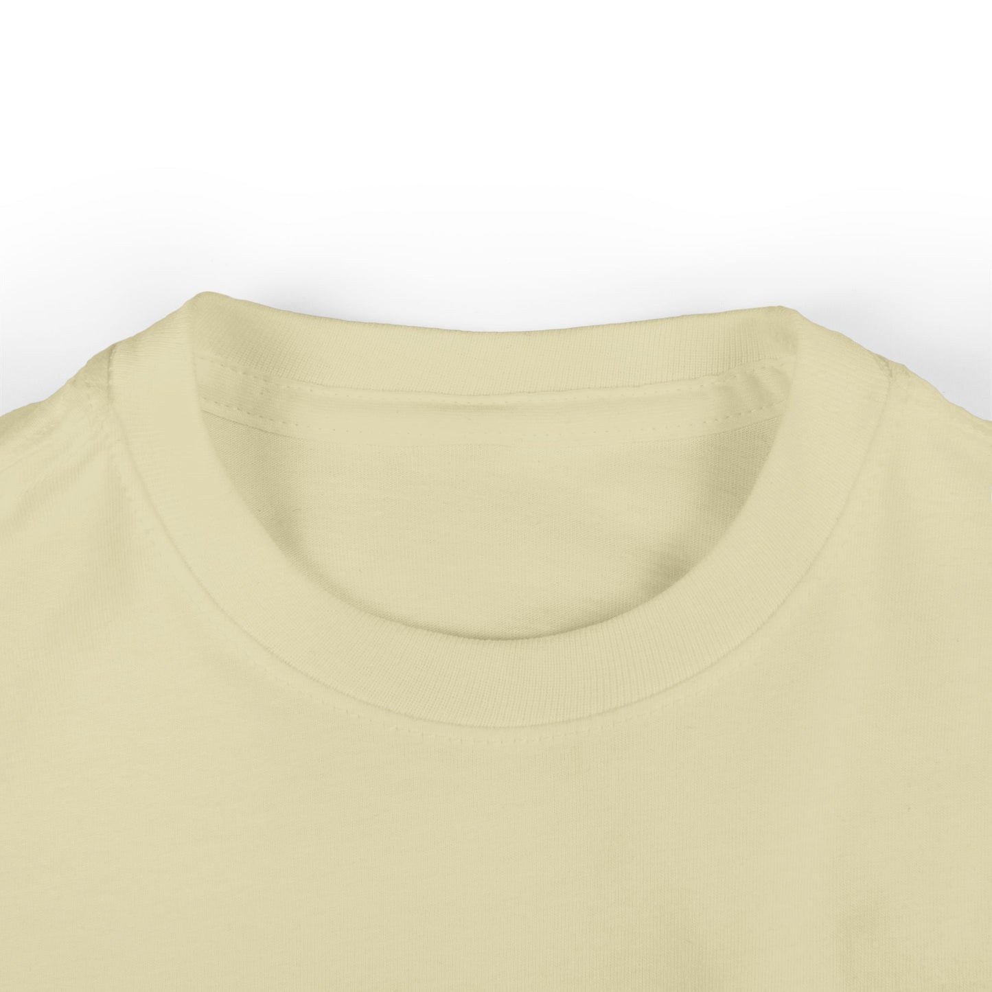 Neckline close-up of toddler short sleeve t-shirt in light cream beige color