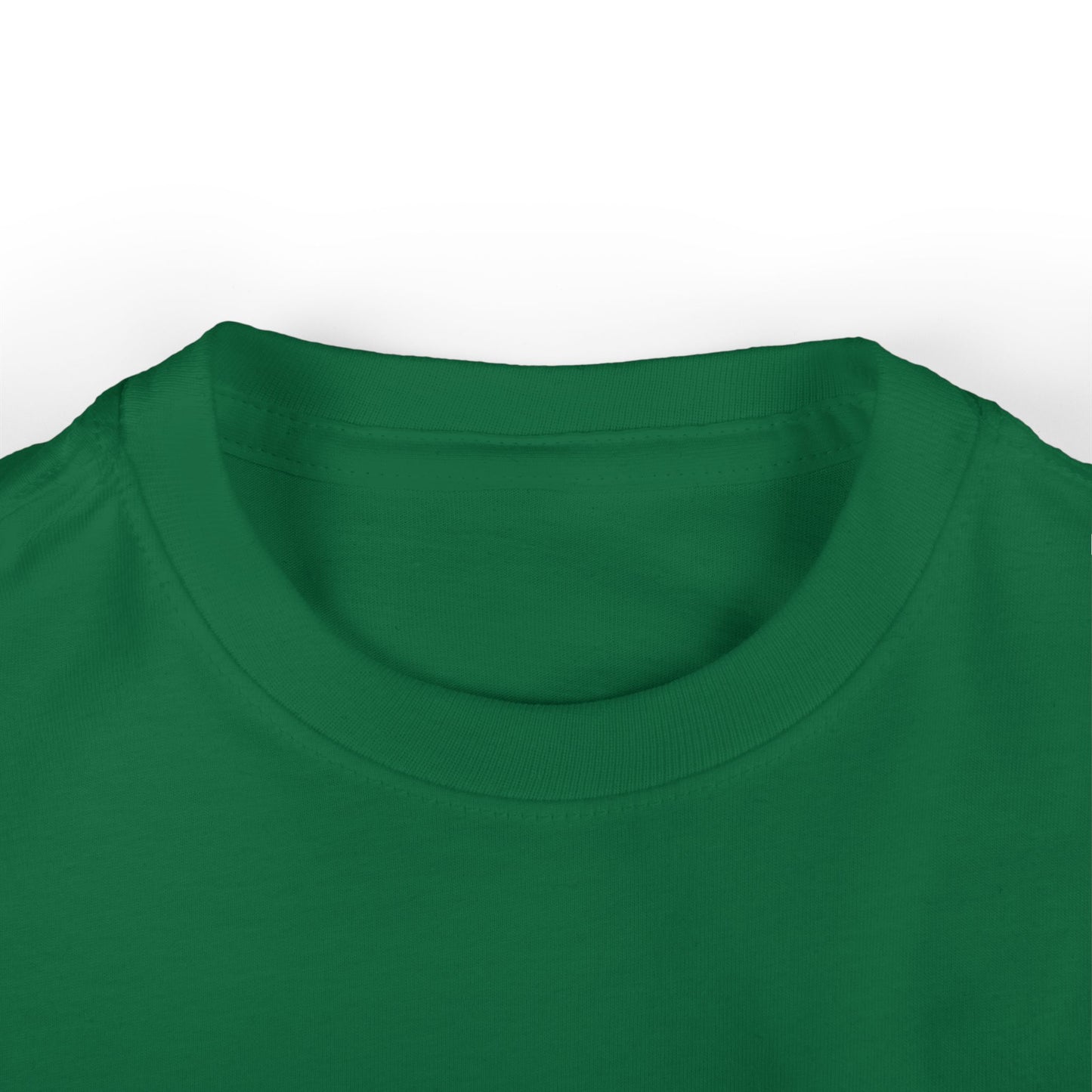 Neckline close-up of toddler short sleeve t-shirt in dark green