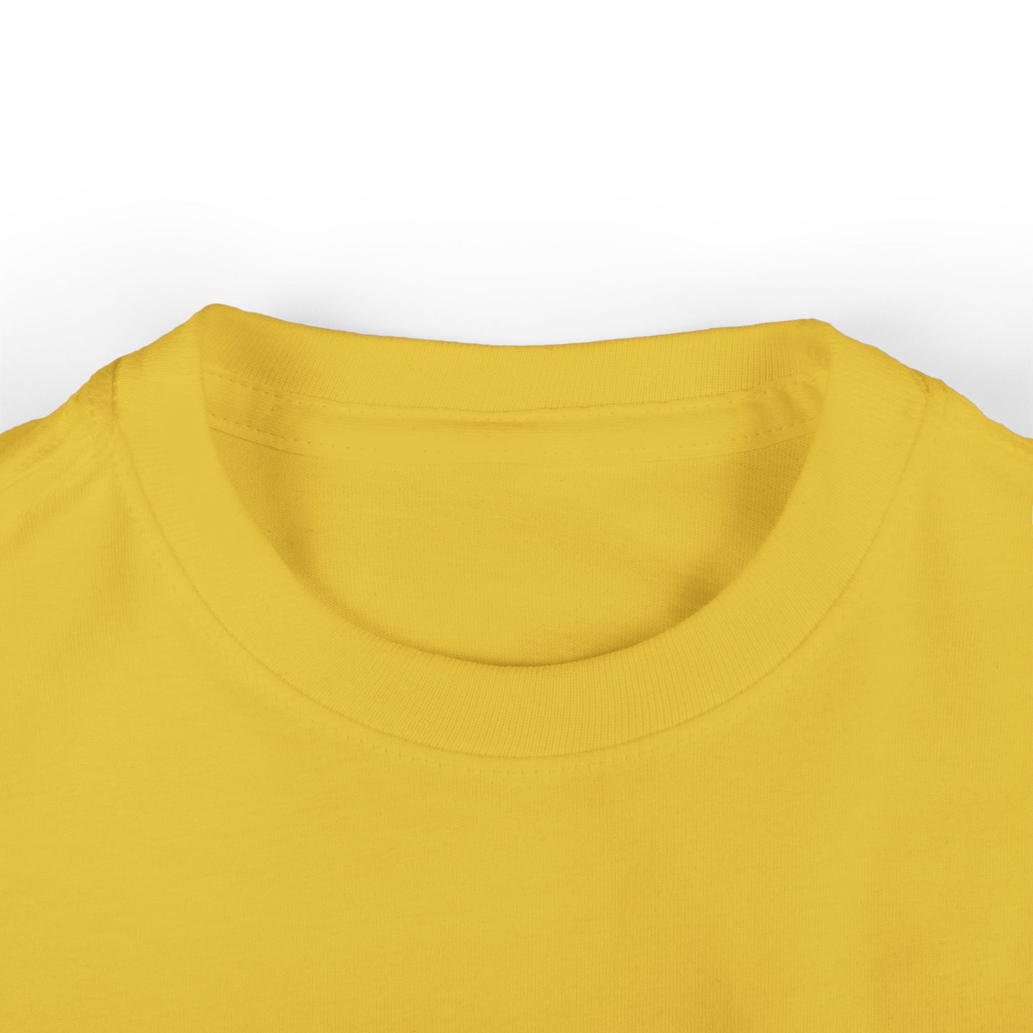 Neckline close-up of toddler short sleeve t-shirt in bright yellow