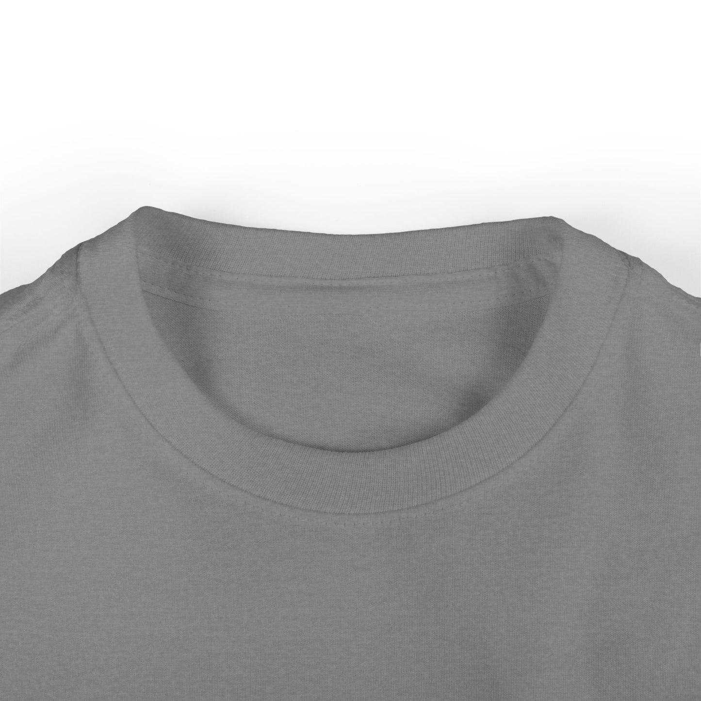 Gray toddler short sleeve t-shirt close-up of crewneck collar