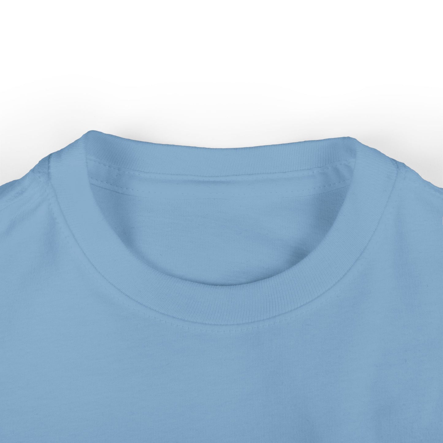 Light blue toddler short sleeve t-shirt close-up of crewneck collar