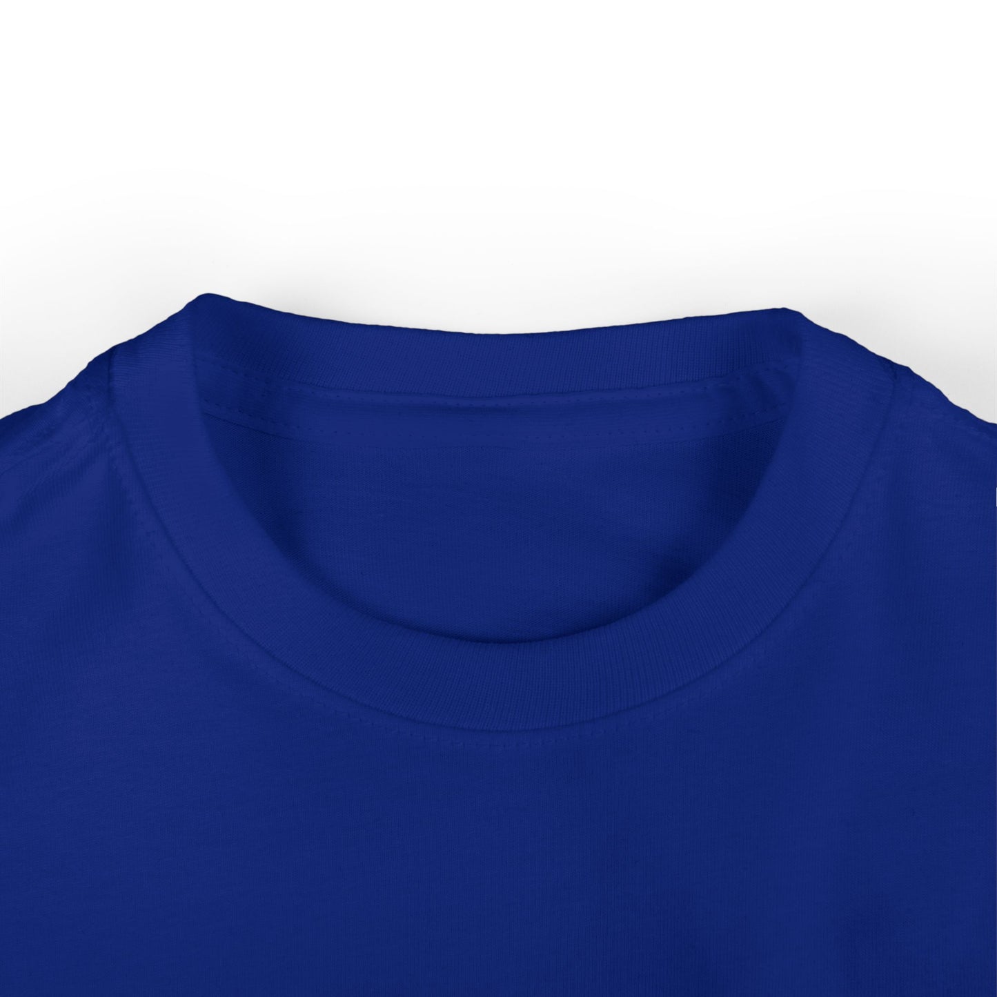 Royal blue toddler short sleeve t-shirt close-up of neckline