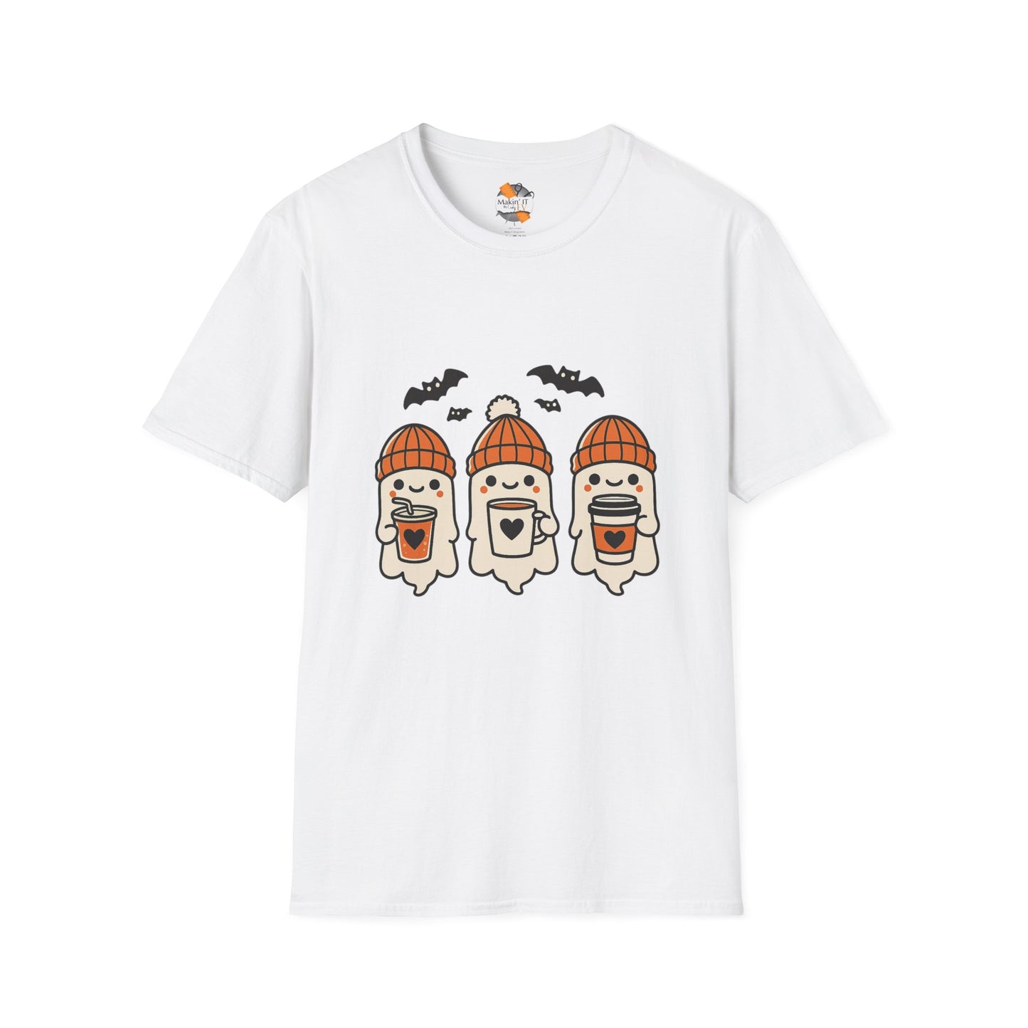 White t-shirt with cute Halloween ghosts wearing orange beanies, holding coffee cups, and flying bats
