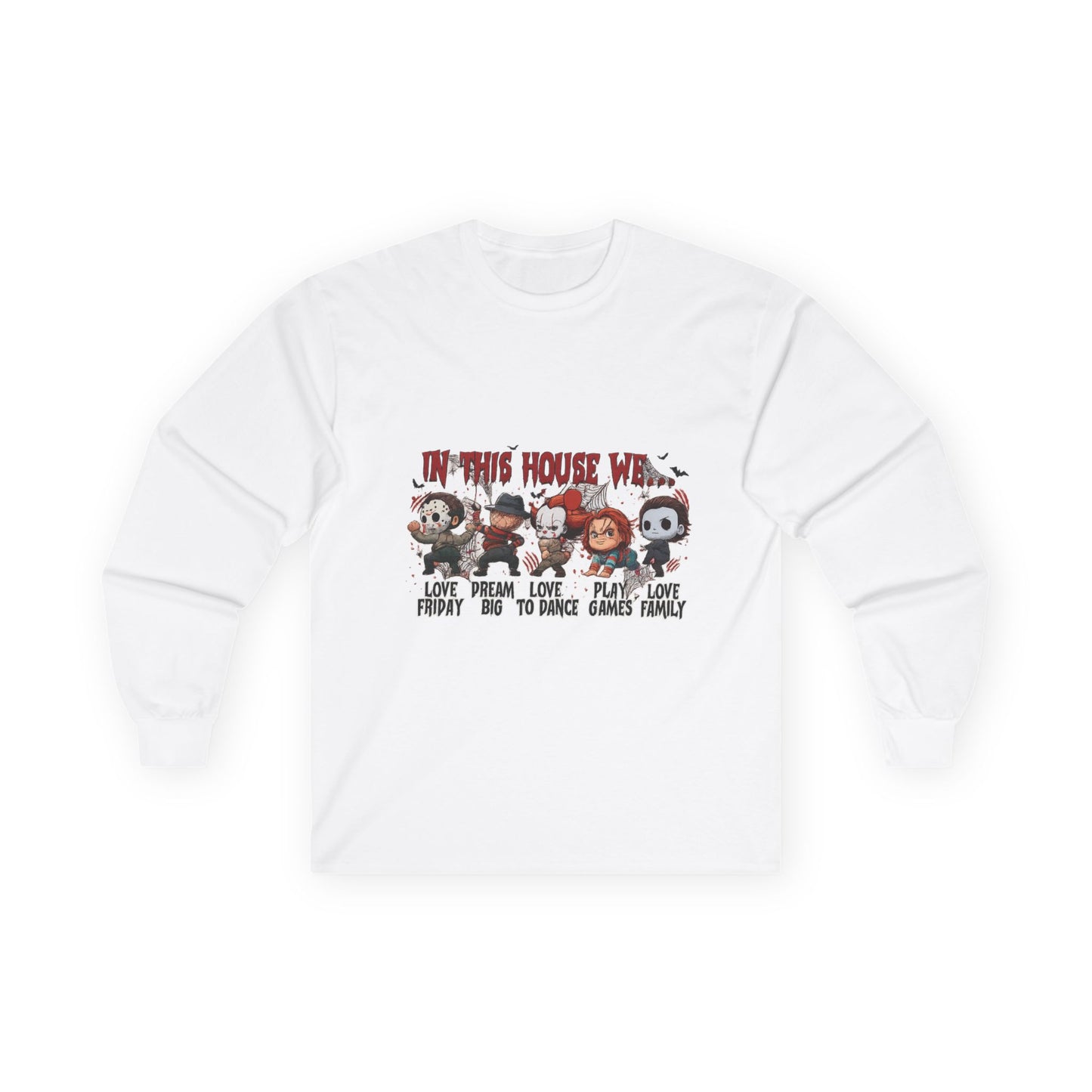 White Gildan 2400 long sleeve unisex t-shirt with Halloween “In This House We” graphic featuring classic horror movie characters.