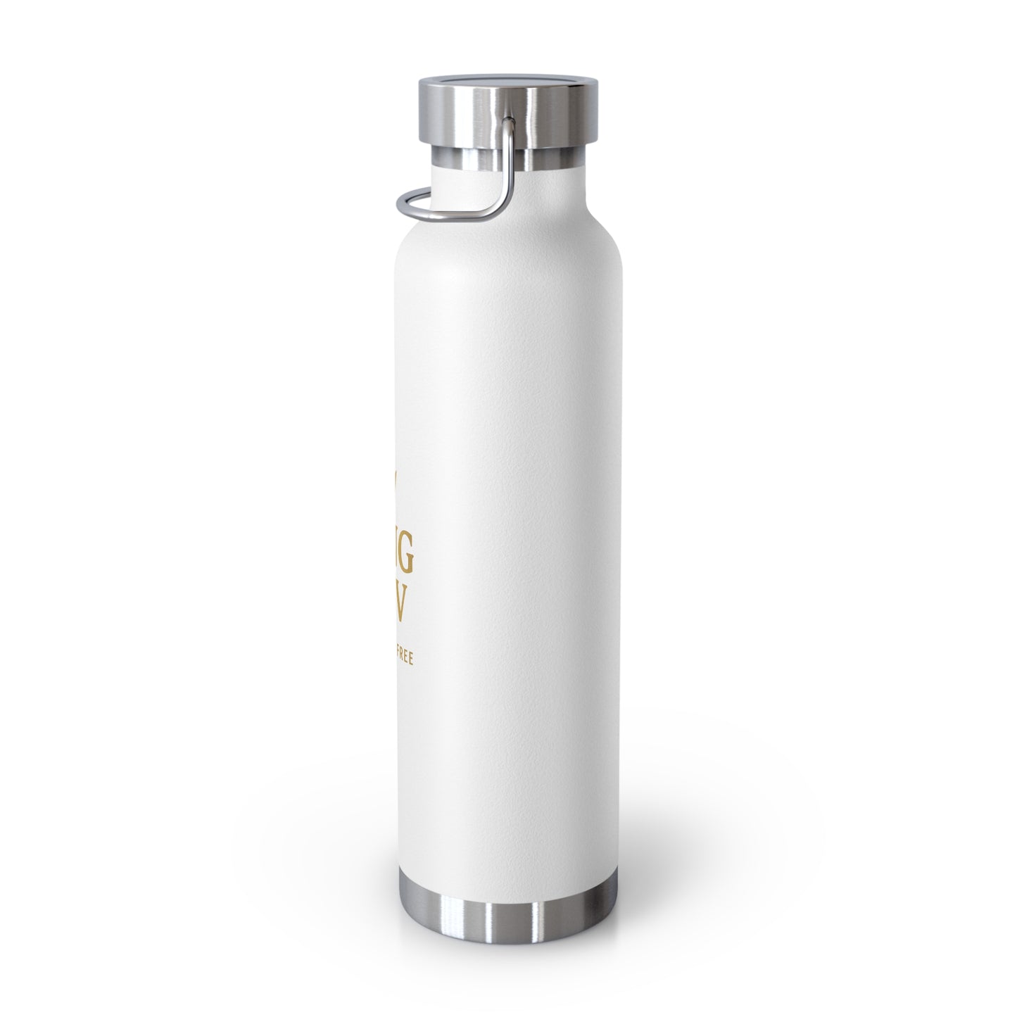 White stainless steel King Kev water bottle with gold crown design angled right