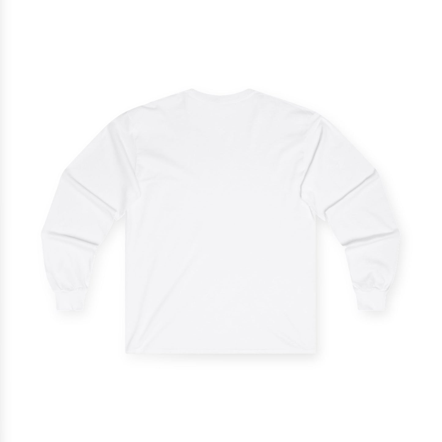 Back view of white Gildan 2400 long sleeve unisex t-shirt, featuring cuffed sleeves and solid white design, ideal for custom printing, layering, and casual wear.