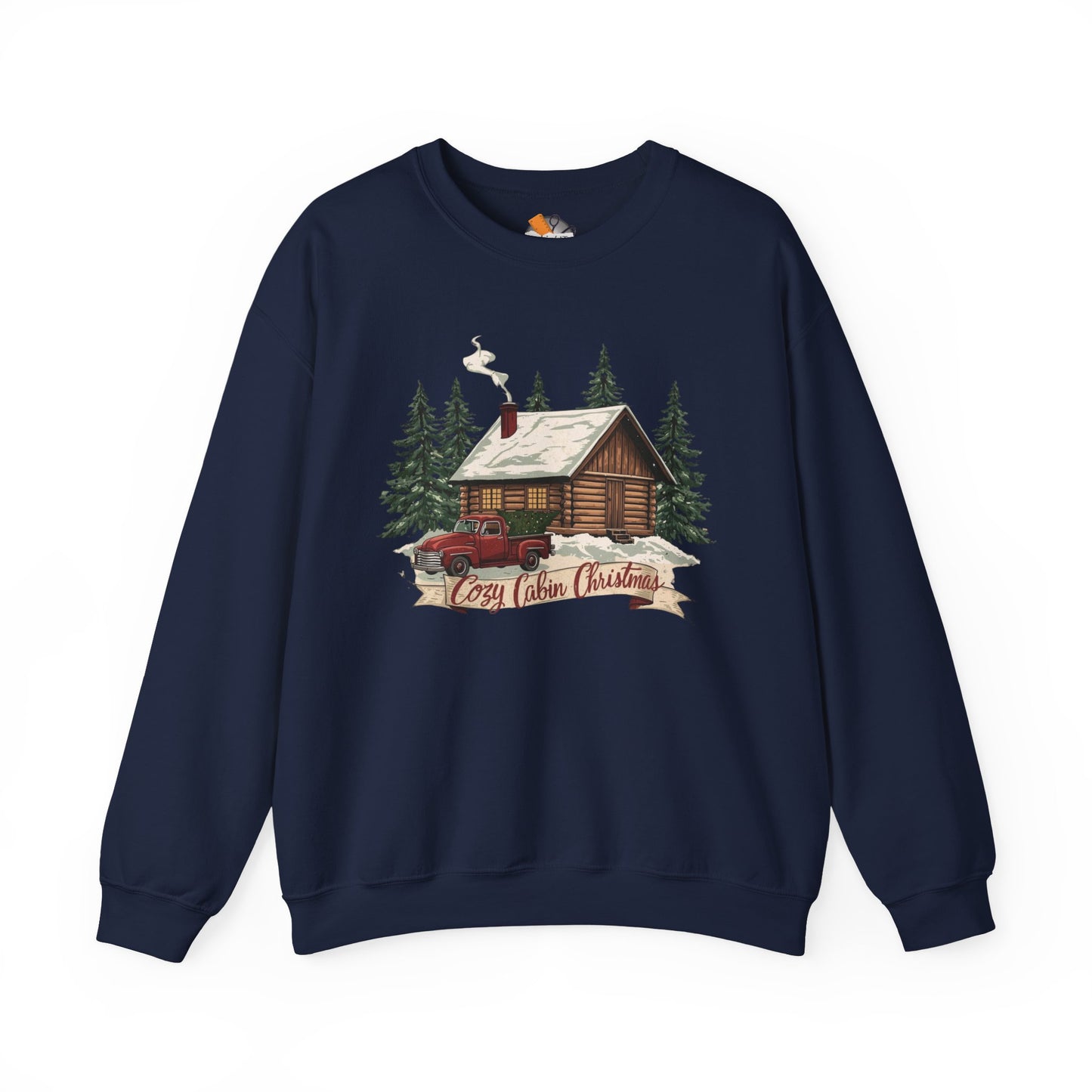 Cozy Cabin Christmas Crewneck Sweatshirt | Rustic Red Truck Holiday Sweater (9 Color Options)