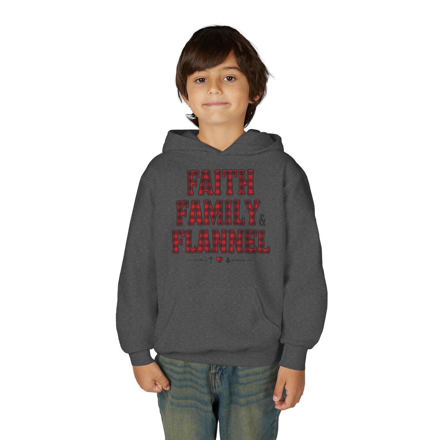 Faith, Family & Flannel Youth Hoodie | Cozy Christian Fall & Holiday Sweatshirt (4 Color Options)