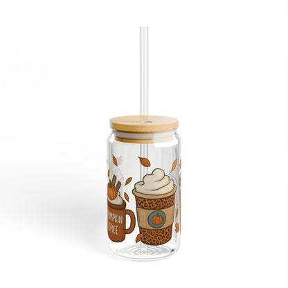 Pumpkin Spice Sipper Glass | Fall Iced Coffee Cup with Bamboo Lid & Glass Straw | Autumn Aesthetic Drinkware