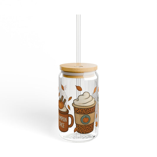 Pumpkin Spice Sipper Glass | Fall Iced Coffee Cup with Bamboo Lid & Glass Straw | Autumn Aesthetic Drinkware
