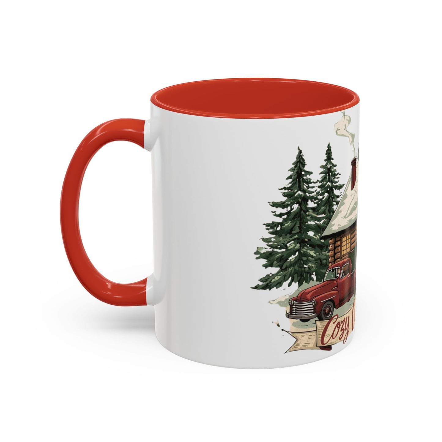 Cozy Cabin Christmas Accent Mug | Rustic Holiday Log Cabin Coffee Cup (11oz & 15oz | 8 Color Options for 11oz, 5 for 15oz)
