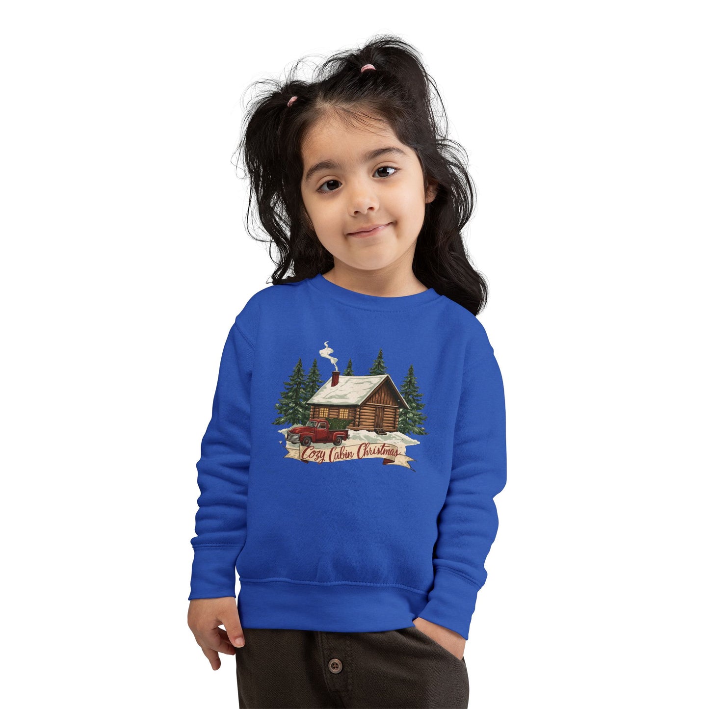 Cozy Cabin Christmas Toddler Crewneck | Kids Holiday Sweatshirt | Vintage Red Truck & Cabin Christmas Sweater (8 Colors)