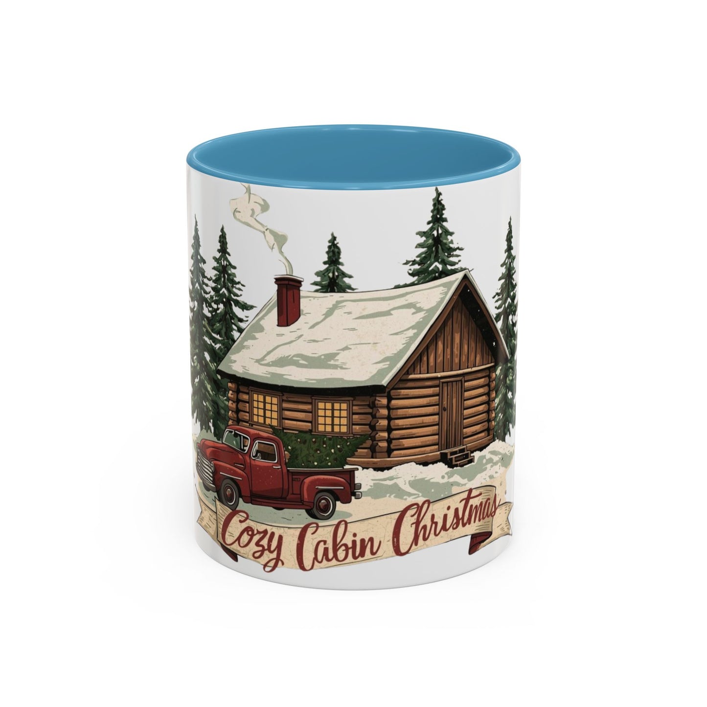 Cozy Cabin Christmas Accent Mug | Rustic Holiday Log Cabin Coffee Cup (11oz & 15oz | 8 Color Options for 11oz, 5 for 15oz)