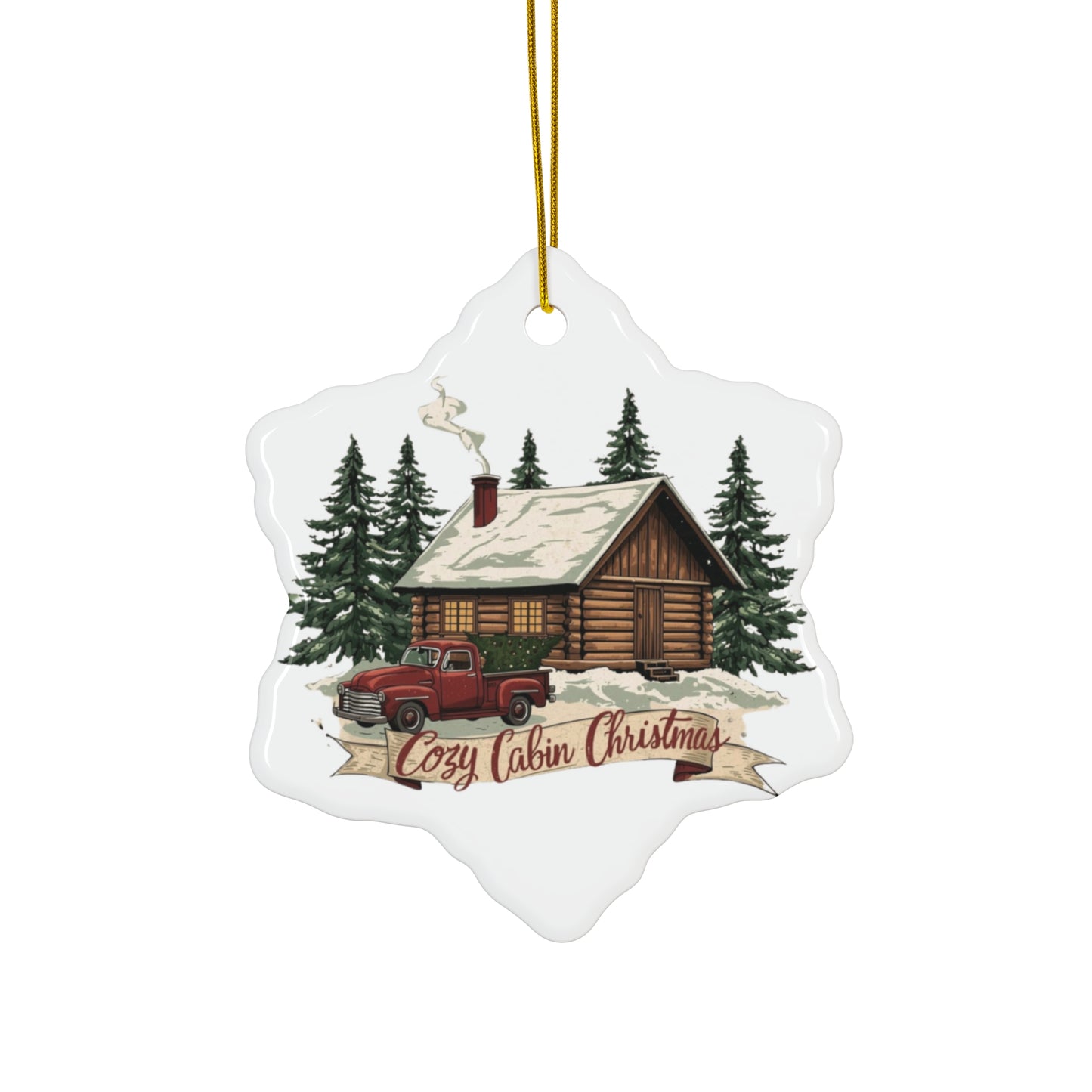 Cozy Cabin Christmas Ceramic Ornament | Rustic Holiday Cabin Ornament | Vintage Truck Christmas Décor (4 Shape Options)