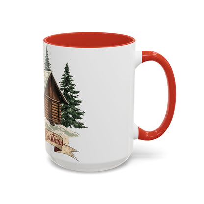 Cozy Cabin Christmas Accent Mug | Rustic Holiday Log Cabin Coffee Cup (11oz & 15oz | 8 Color Options for 11oz, 5 for 15oz)