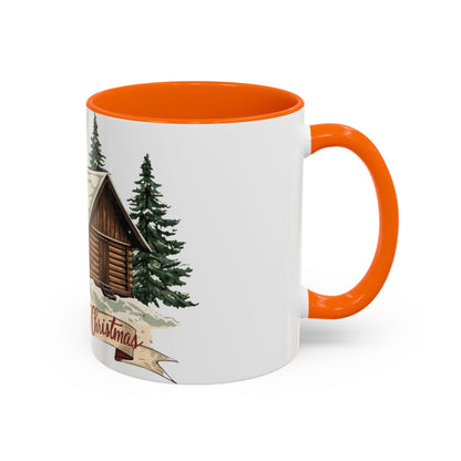 Cozy Cabin Christmas Accent Mug | Rustic Holiday Log Cabin Coffee Cup (11oz & 15oz | 8 Color Options for 11oz, 5 for 15oz)