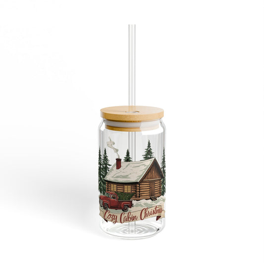 Cozy Cabin Christmas Glass Sipper | Rustic Holiday Iced Coffee Cup with Bamboo Lid & Glass Straw | Vintage Cabin Drinkware