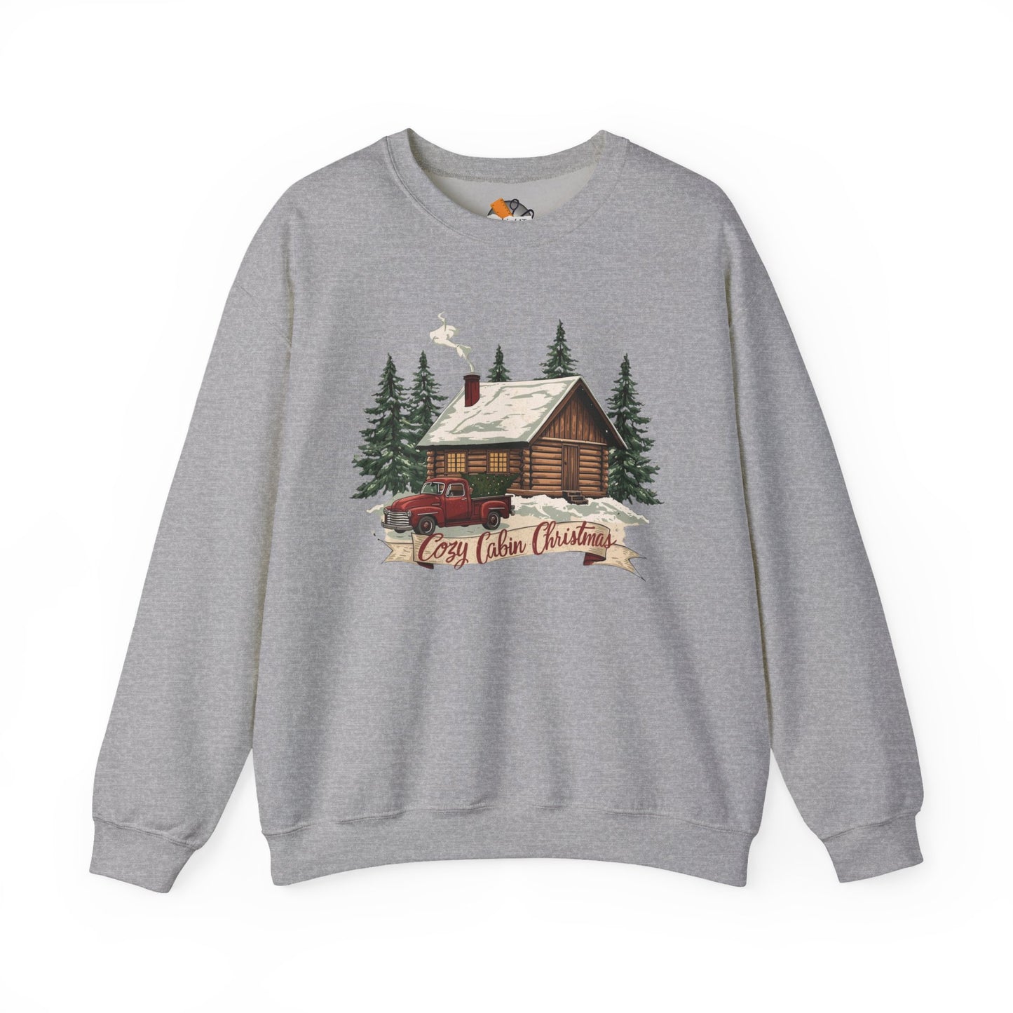 Cozy Cabin Christmas Crewneck Sweatshirt | Rustic Red Truck Holiday Sweater (9 Color Options)