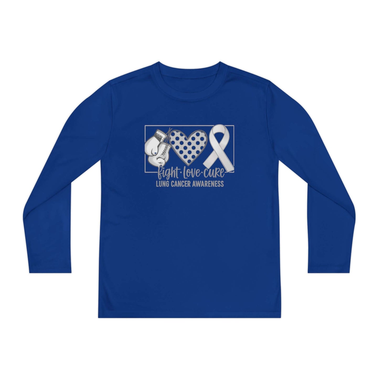 Fight Love Cure Lung Cancer Awareness Youth Long Sleeve Shirt | Kids Awareness Tee design featuring boxing gloves and ribbon.