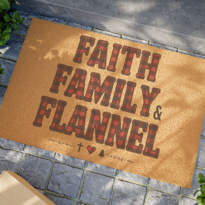 Faith, Family & Flannel Doormat | Rustic Plaid Fall & Winter Welcome Mat | Cozy Holiday Entryway Décor