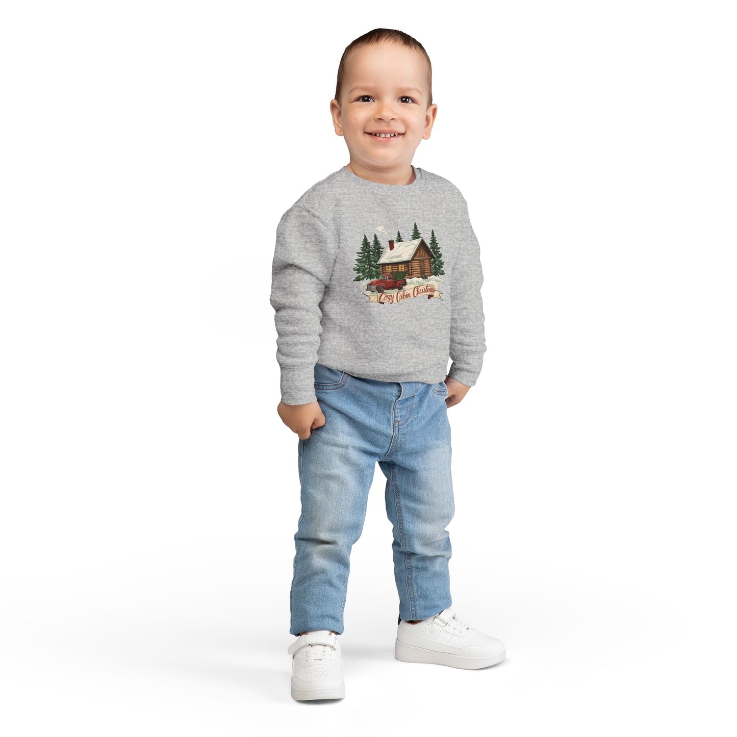Cozy Cabin Christmas Toddler Crewneck | Kids Holiday Sweatshirt | Vintage Red Truck & Cabin Christmas Sweater (8 Colors)