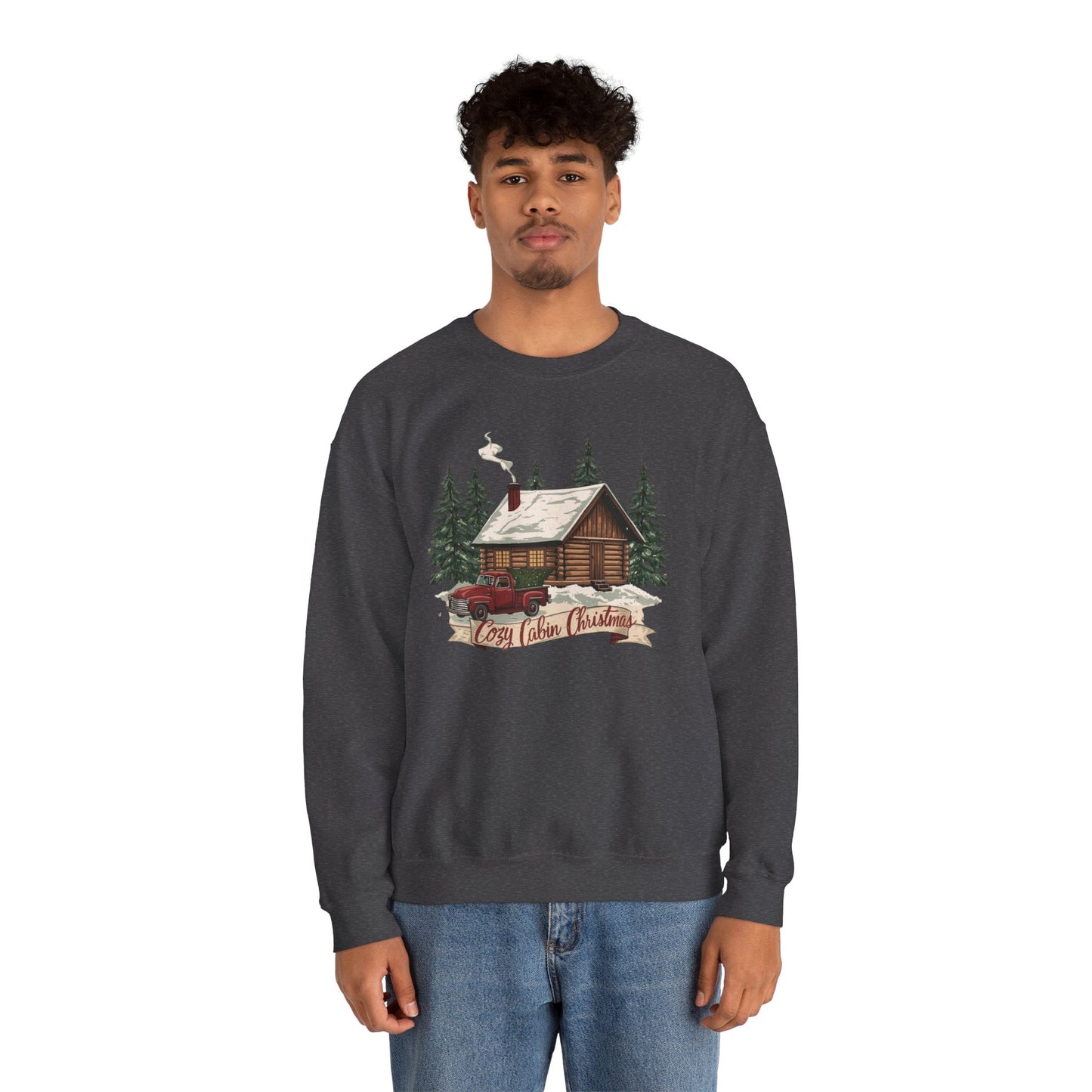 Cozy Cabin Christmas Crewneck Sweatshirt | Rustic Red Truck Holiday Sweater (9 Color Options)