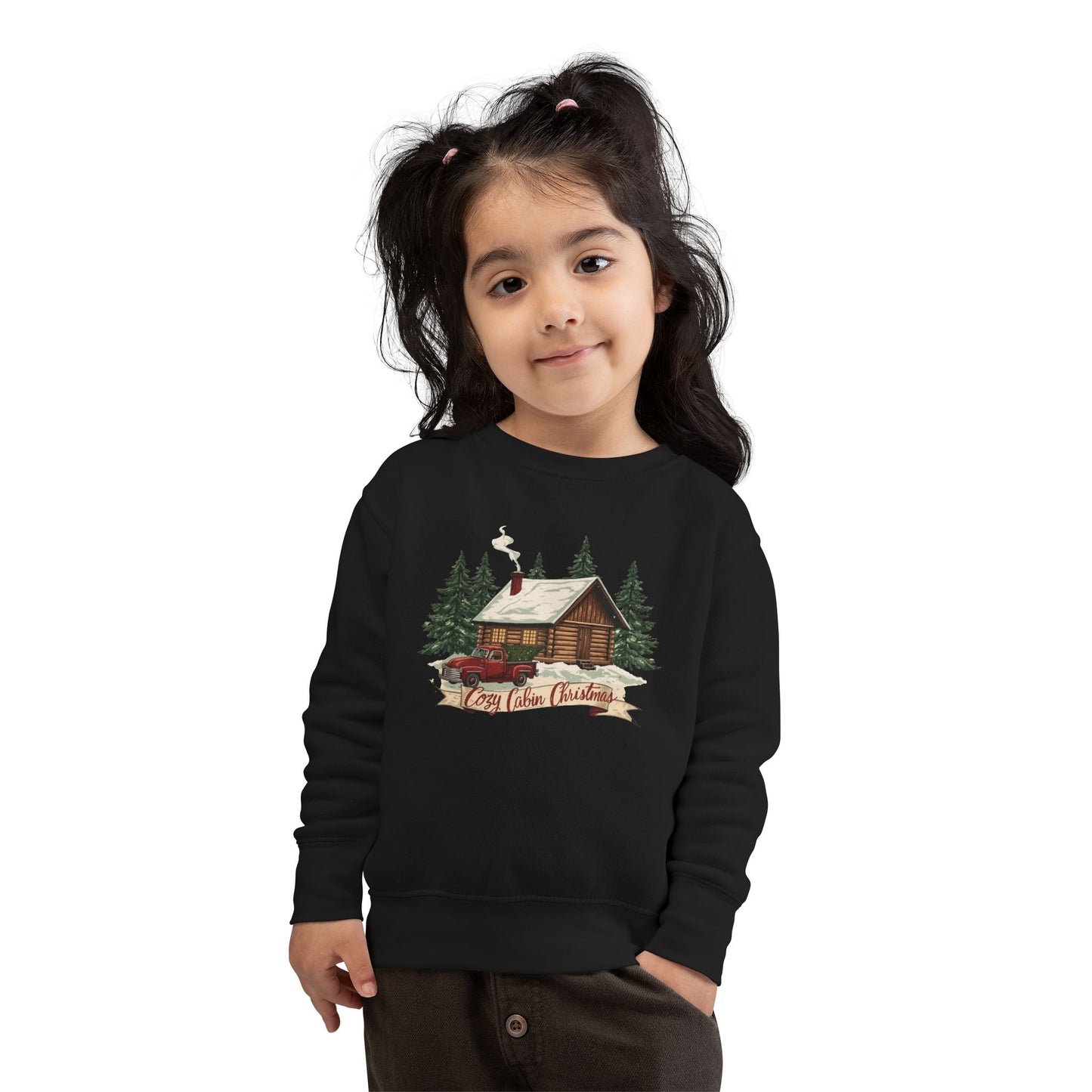 Cozy Cabin Christmas Toddler Crewneck | Kids Holiday Sweatshirt | Vintage Red Truck & Cabin Christmas Sweater (8 Colors)