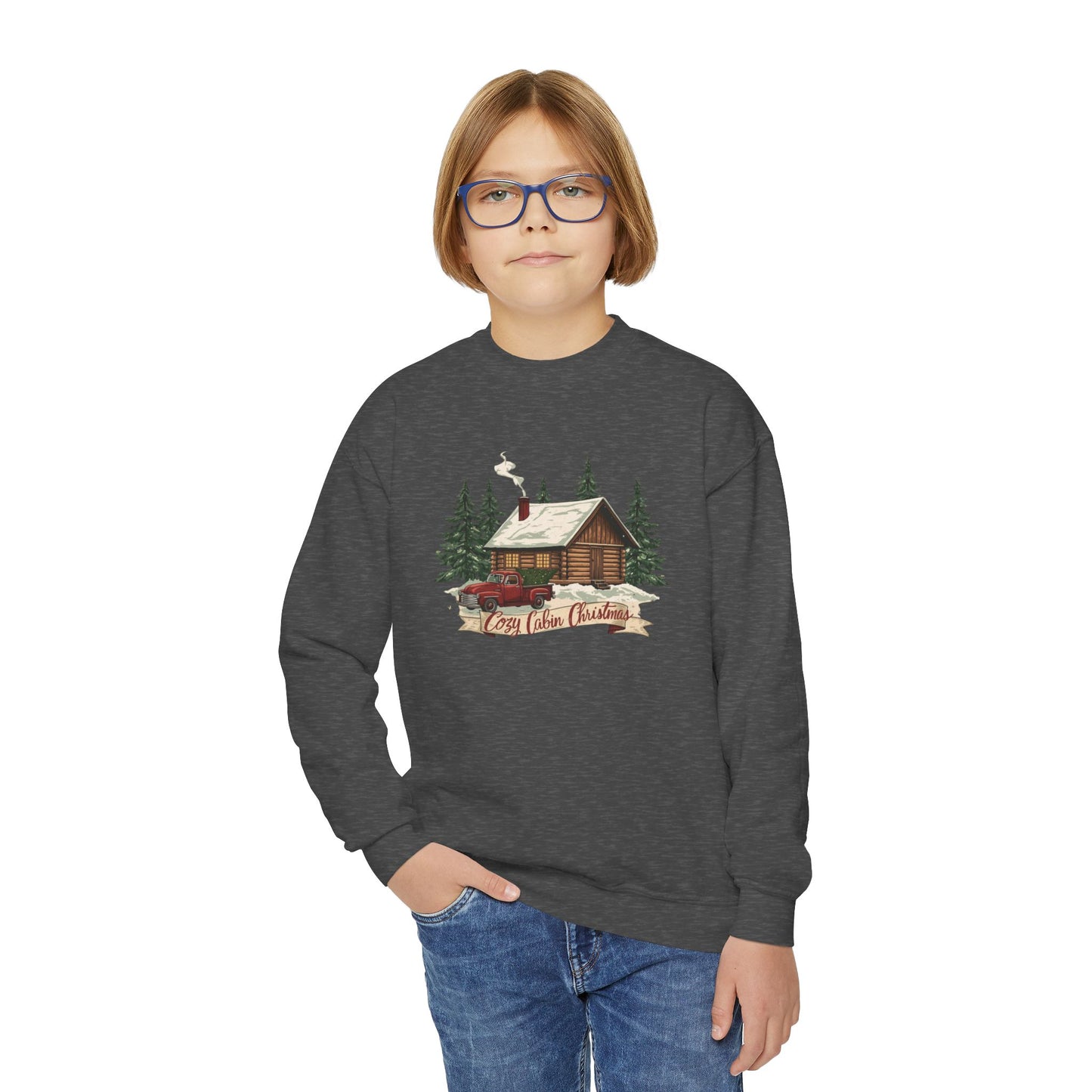 Cozy Cabin Christmas Youth Crewneck | Kids Holiday Sweatshirt | Vintage Cabin & Red Truck Christmas Sweater (10 Colors)