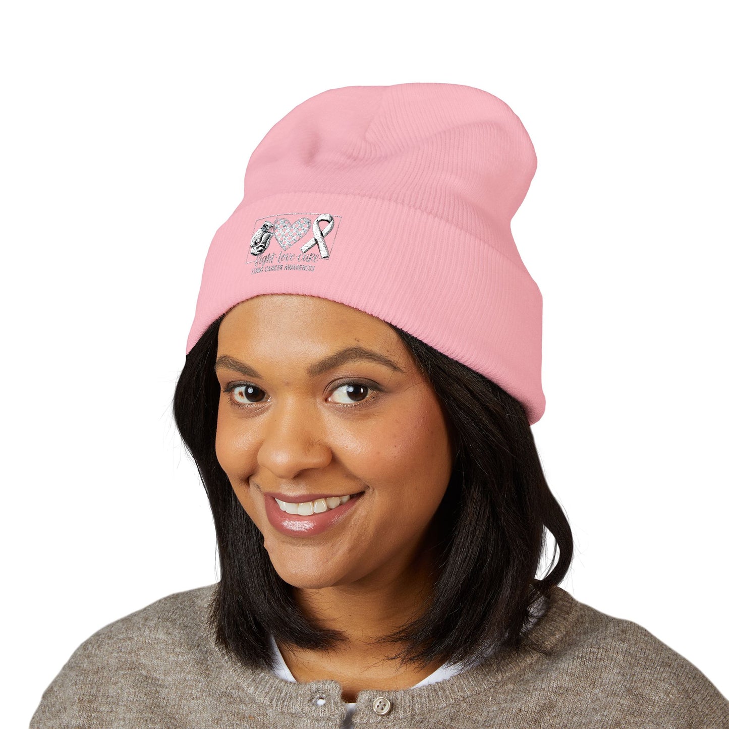 Fight Love Cure Lung Cancer Awareness Embroidered Beanie | Unisex Knit Hat