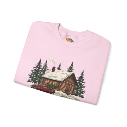 Cozy Cabin Christmas Crewneck Sweatshirt | Rustic Red Truck Holiday Sweater (9 Color Options)