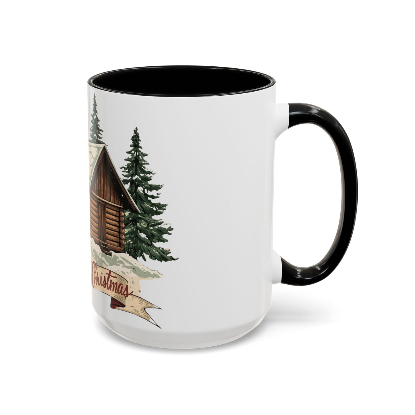 Cozy Cabin Christmas Accent Mug | Rustic Holiday Log Cabin Coffee Cup (11oz & 15oz | 8 Color Options for 11oz, 5 for 15oz)