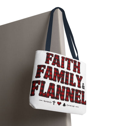 Faith, Family & Flannel Tote Bag | Buffalo Plaid Christian Tote (5 Handle Colors)